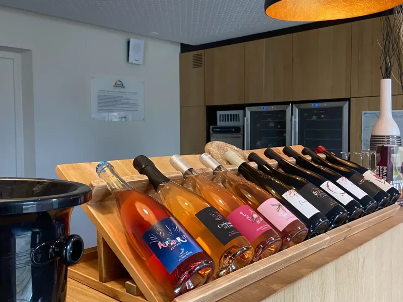 Bouteilles du Domaine du Haut-Bellay alignées dans le caveau de vente